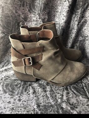 Jellypop Taupe Suede-Look Ankle Booties with Brown Buckle Strap